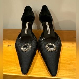 Manolo Blahnik Satin Crystal Embellishments D'Orsay Pumps